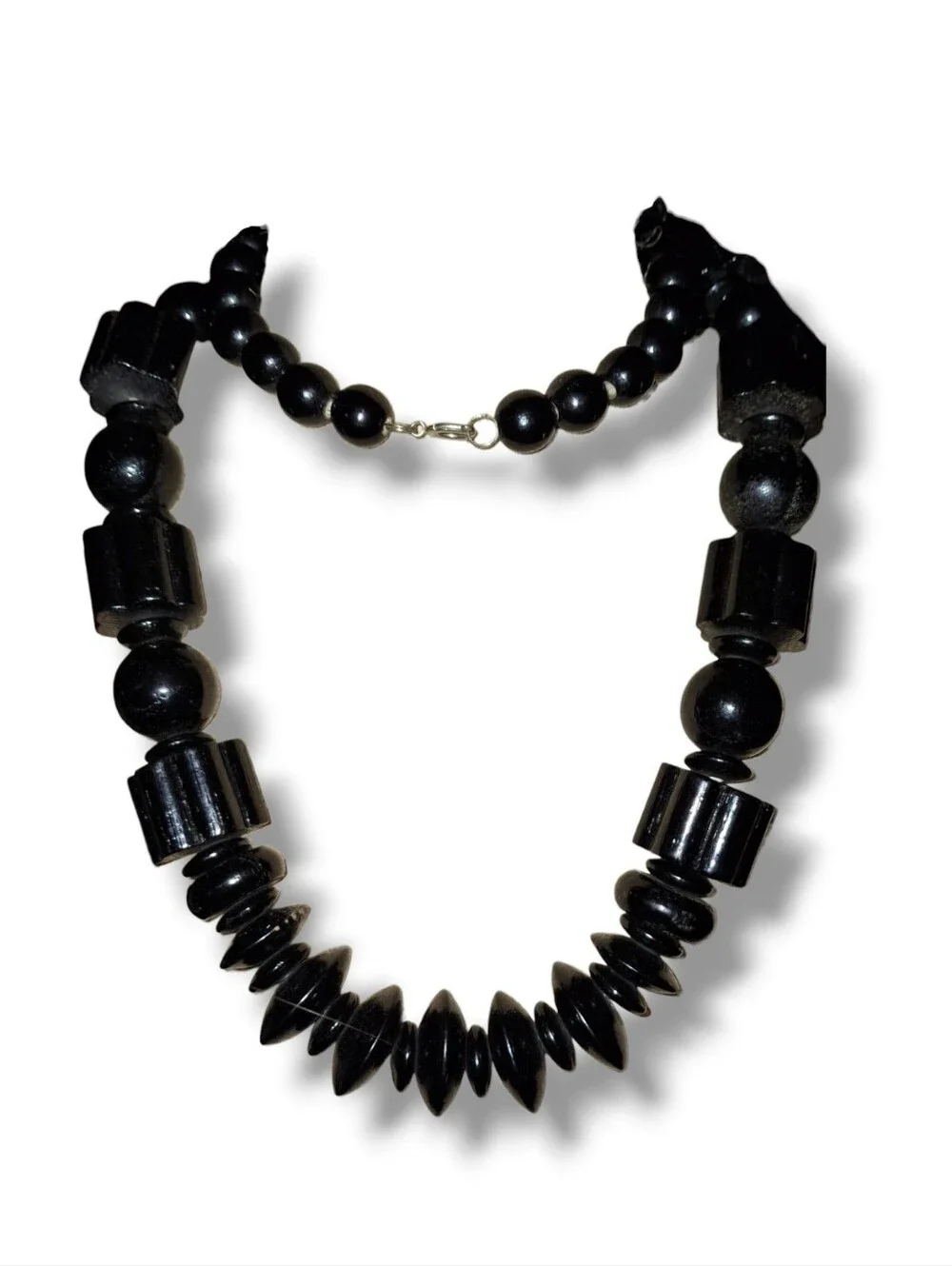 Black Bead Statement Necklace - Vintage Lightweight Geometric Chunky